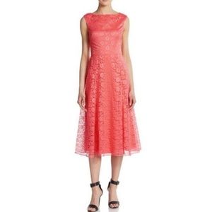 Betsey Johnson Floral Lace 50s Retro Fit and Flare Lace Midi Dress in Coral sz 8